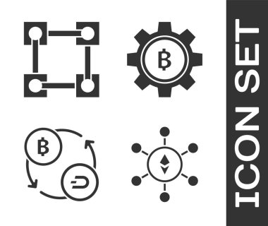Blockchain teknolojisi Ethereum Eth, Blockchain teknolojisi, Kripto para değişimi ve Kripto para birimi simgesi Bitcoin simgesini ayarla. Vektör