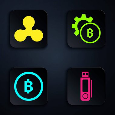Usb flash diski, Kripto para dalgalanması Xrp, Kripto para Bitcoin ve Kripto para Bitcoin 'i ayarla. Siyah kare düğme. Vektör