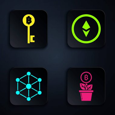 Tencereye Bitcoin fabrikası, Kripto para birimi Bitcoin anahtarı, Engelleme teknolojisi ve Kripto para birimi Ethereum Eth 'i yerleştir. Siyah kare düğme. Vektör