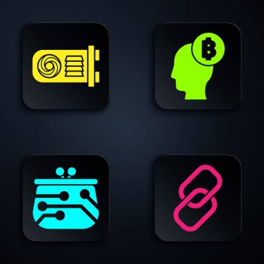 Zincir halkası, madencilik çiftliği, kripto para birimi cüzdanı ve Bitcoin düşün. Siyah kare düğme. Vektör