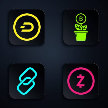 Kripto para birimi Zcash Zec, Kripto para birimi Dash, zincir halkası ve Bitcoin fabrikasını çanağa yerleştir. Siyah kare düğme. Vektör