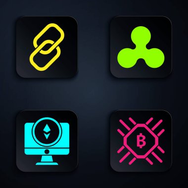 İşlemci madencilik çiftliği, zincir halkası, Monitör ve Kripto para birimi Ethereum Eth ve Kripto para birimi Ripple Xrp 'i ayarla. Siyah kare düğme. Vektör