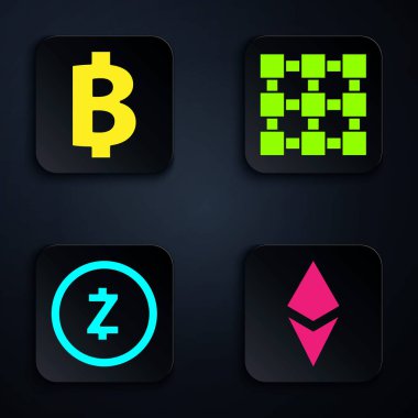 Şifreli Para Ethereum Eth, Şifreli Para Bitcoin, Şifreli Para Zcash Zec ve Engelleme zinciri teknolojisini ayarla. Siyah kare düğme. Vektör