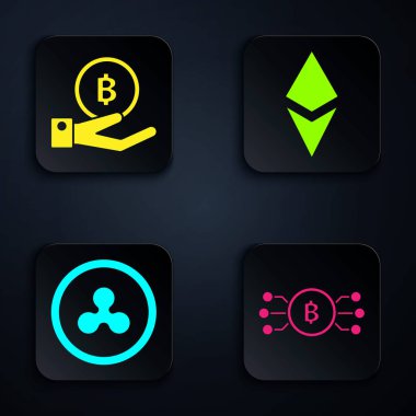 Kripto para bitcoin 'ini mikroçip devresi, El Tutma Bitcoin, Kripto para sikkesi Ripple Xrp ve Kripto para birimi Ethereum Eth ile daire içine al. Siyah kare düğme. Vektör