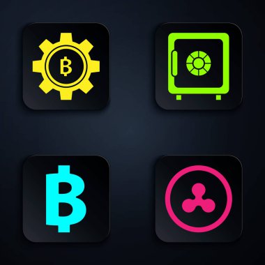 Kriptopara sikkesi Ripple Xrp, Kripto para Bitcoin, Kripto para Bitcoin ve Safe 'yi ayarla. Siyah kare düğme. Vektör