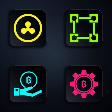 Kripto para Bitcoin, Kripto para, Kripto para Ripple Xrp, El Tutma Bitcoin ve Blockchain teknolojisini ayarla. Siyah kare düğme. Vektör