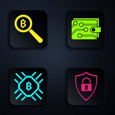 Kalkan güvenliğini kilitle, büyüteçle Bitcoin, Cpu madencilik çiftliği ve kripto para cüzdanını ayarla. Siyah kare düğme. Vektör