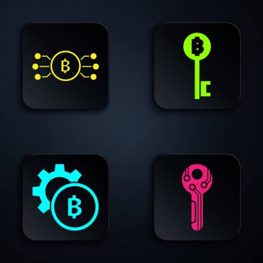 Kripto para birimi anahtarını, Kripto para birimini mikroçip devresi, Kripto para Bitcoin ve Kripto para birimi Bitcoin anahtarıyla daire içine al. Siyah kare düğme. Vektör