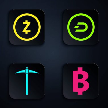 Şifreli para Bitcoin, Şifreli para Zcash Zec, Kazma ve Kripto para Dash 'i ayarla. Siyah kare düğme. Vektör