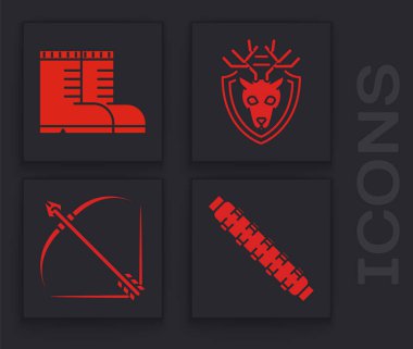 Avcı kartuşu kemerini kartuşlarla, avcı botlarıyla, boynuzlu geyik başını kalkanla, yay ve oku ok simgesiyle ayarla. Vektör