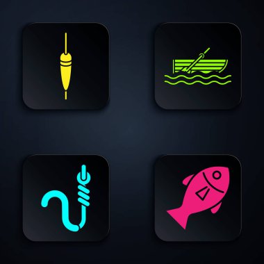 Fish 'i, Fish' i, Fish 'i, oltayı, solucanı ve sudaki küreklerle balıkçı teknesini hazırla. Siyah kare düğme. Vektör