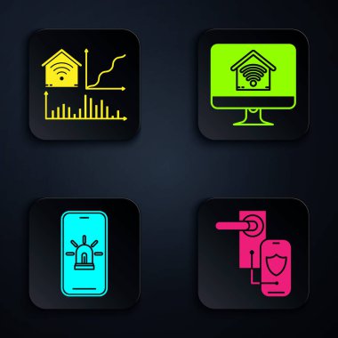 Dijital kapı kilidini kilit için kablosuz teknoloji, wi-fi akıllı ev, cep telefonu akıllı ev ve alarm ve akıllı ev kablosuz bilgisayar monitörü ile donatın. Siyah kare düğme. Vektör