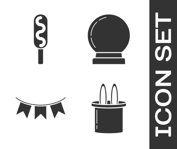 Set Magician hat and rabbit ears, Corn dog, Carnival garland with flags and Magic ball icon. Vector — 스톡 벡터