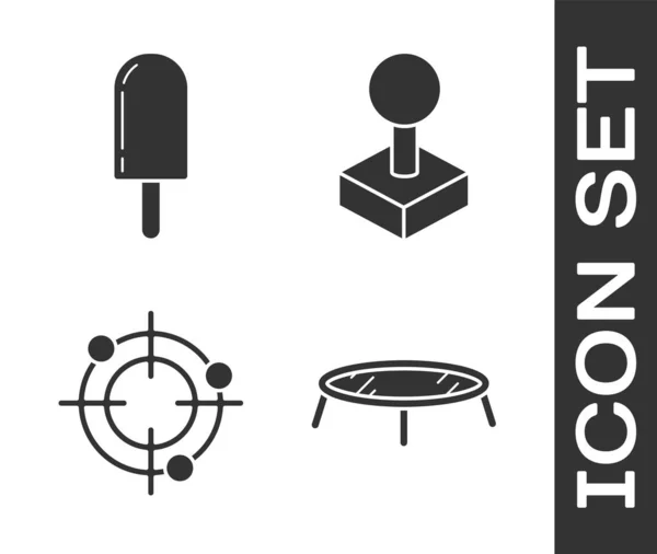 Set trampolín de salto, helado, Target sport para la competición de tiro y Joystick para el icono de la máquina arcade. Vector — Vector de stock