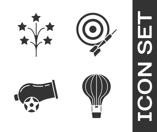 Set Hot air balloon, Fireworks, Cannon and Classic dart board and arrow icon. Vector — 스톡 벡터