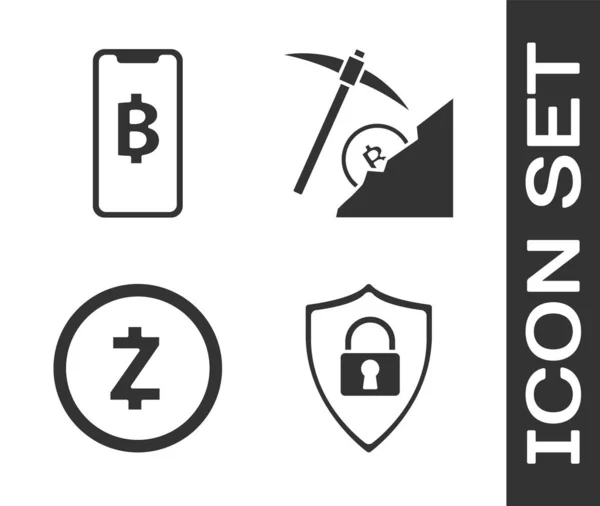 Definir segurança escudo com bloqueio, telefone celular e criptomoeda moeda Bitcoin, Criptomoeda moeda Zcash ZEC e Criptomoeda ícone de mineração em nuvem. Vetor — Vetor de Stock