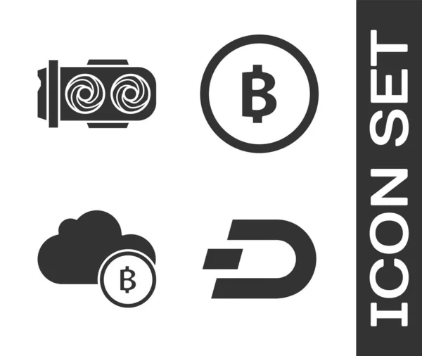 Definir traço de moeda criptomoeda, Fazenda de mineração, mineração de nuvem criptomoeda e ícone de moeda criptomoeda Bitcoin. Vetor — Vetor de Stock