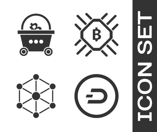 Set Cryptogeld munt Dash, Winkelwagen met Bitcoin, Blockchain technologie en Cpu mijnbouw boerderij pictogram. Vector — Stockvector