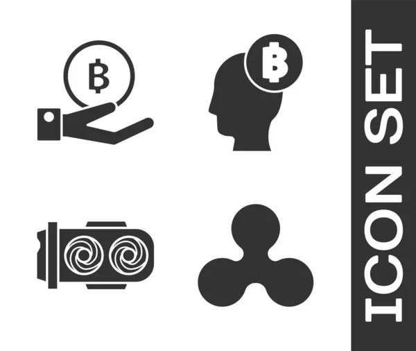 Set Cryptogeld munt Ripple Xrp, Hand houden Bitcoin, Mijnbouw boerderij en Bitcoin denk icoon. Vector — Stockvector
