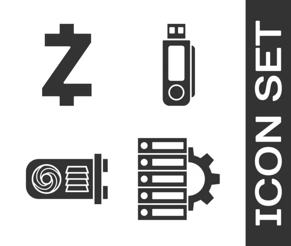 Set Servidor y engranaje, moneda criptomoneda Zcash ZEC, granja minera e icono de la unidad flash USB. Vector — Archivo Imágenes Vectoriales