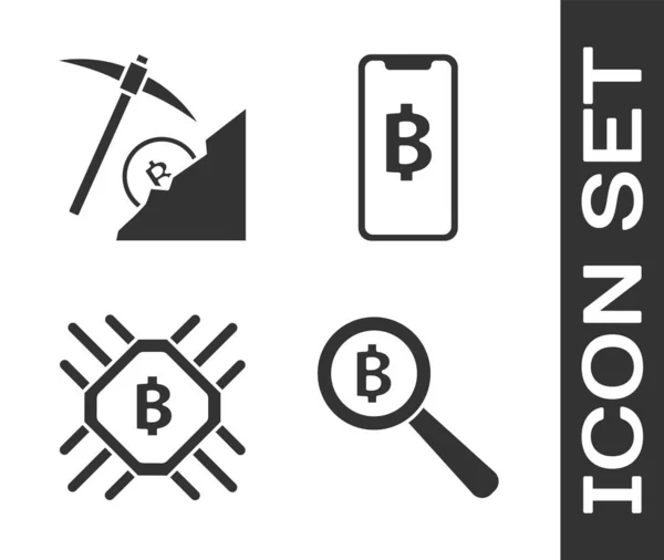 Set vergrootglas met Bitcoin, Cryptocurrency cloud mining, Cpu mijnbouw boerderij en telefoon mobiele en cryptogeld munt Bitcoin pictogram. Vector — Stockvector