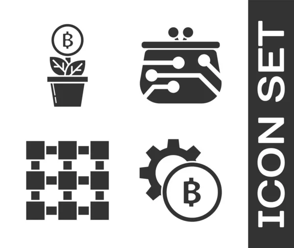 Definir moeda criptomoeda Bitcoin, Bitcoin planta no pote, tecnologia Blockchain e ícone carteira criptomoeda. Vetor — Vetor de Stock
