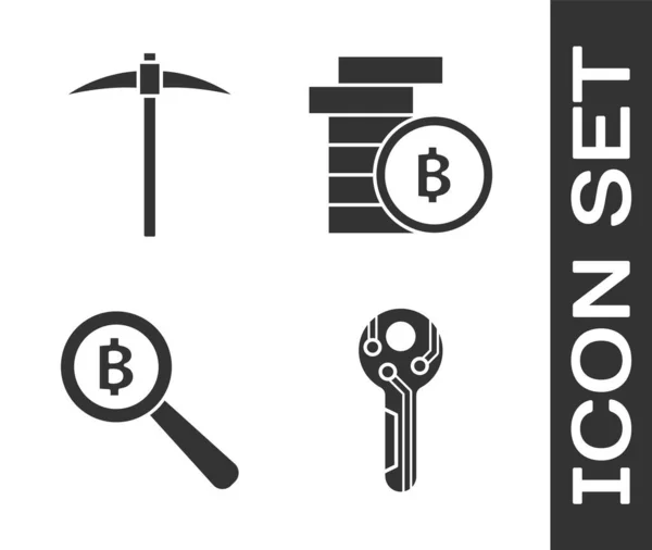 Set Cryptogeld sleutel, Pickaxe, Vergrootglas met Bitcoin en Cryptogeld munt Bitcoin pictogram. Vector — Stockvector