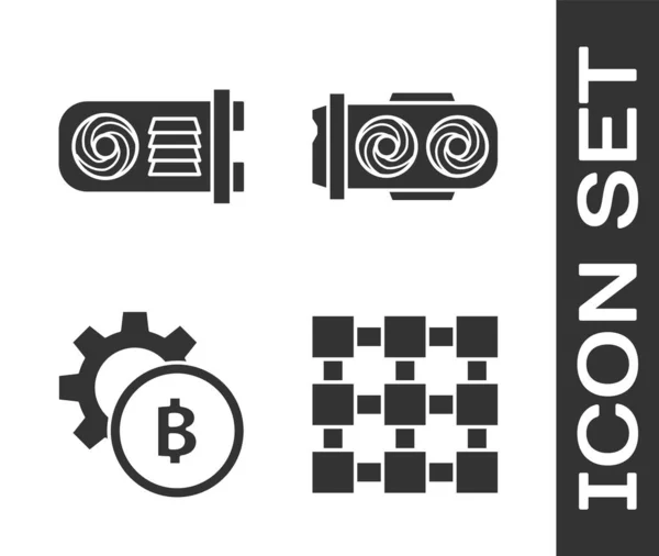 Definir tecnologia Blockchain, Fazenda de mineração, Criptomoeda moeda Bitcoin e ícone de fazenda de mineração. Vetor — Vetor de Stock