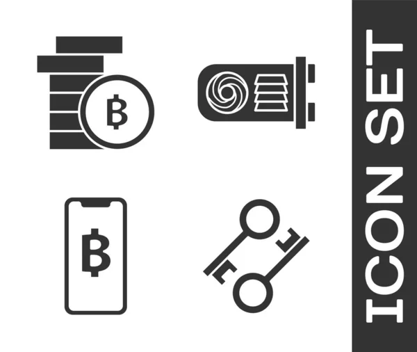 Stel Cryptogeld sleutel, Cryptogeld munt Bitcoin, Telefoon mobiele en cryptogeld munt Bitcoin en mijnbouw boerderij pictogram. Vector — Stockvector