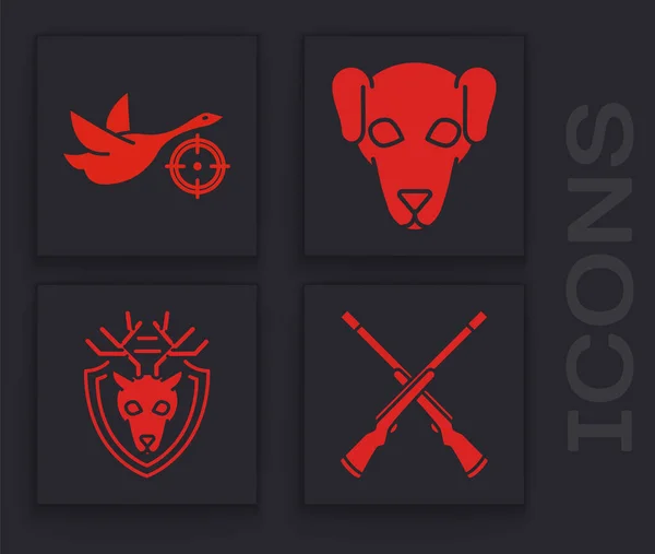 Set Dos escopetas cruzadas, Caza en pato con punto de mira, Caza de perro y cabeza de ciervo con astas en el icono del escudo. Vector — Vector de stock