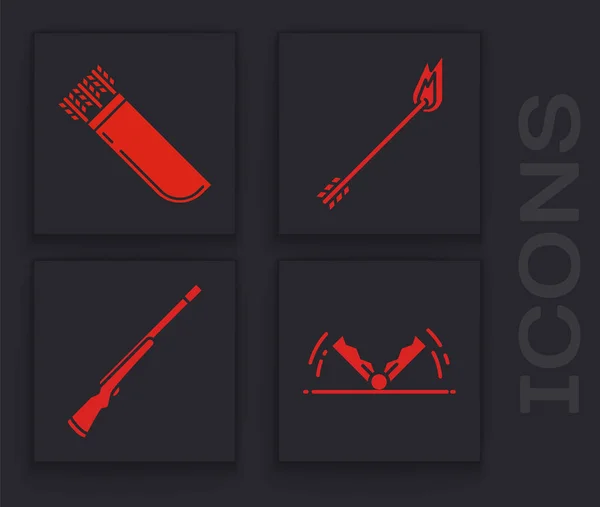 Set Trap hunting, Quiver with arrows, Flame arrow and Hunting gun icon. Vector — Stock Vector