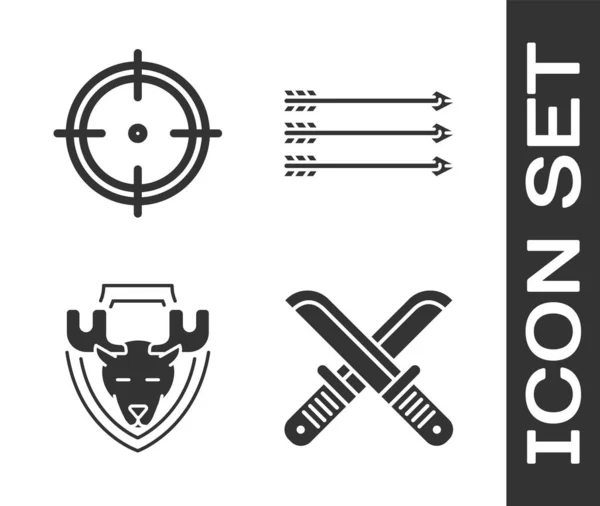 Set gekreuztes Jägermesser, Zielsport für Schießwettbewerbe, Elchkopf auf Schild und Hipster-Pfeile-Symbol. Vektor — Stockvektor