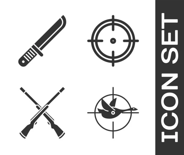 Set Hunt on duck with crosshairs, Hunter knife, Two cross shotguns and Target sport for shooting competition icon. Vector — Archivo Imágenes Vectoriales