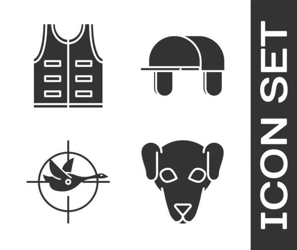 Set Hunting dog, Hunting jacket, Hunt on duck with crosshairs and Hunter hat icon. Vector — Stock Vector