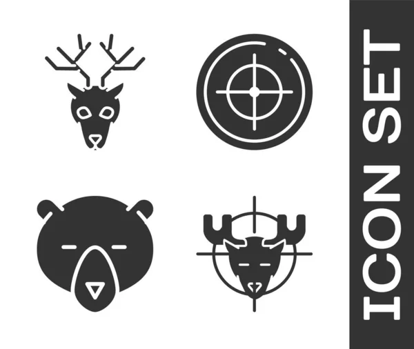 Jagd auf Elche mit Fadenkreuz, Hirschkopf mit Geweih, Bärenkopf und Zielscheibe für den Schießwettbewerb. Vektor — Stockvektor
