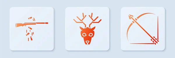 Set Deer head with antlers, Gun shooting and Bow and arrow in quiver. White square button. Vector — 스톡 벡터
