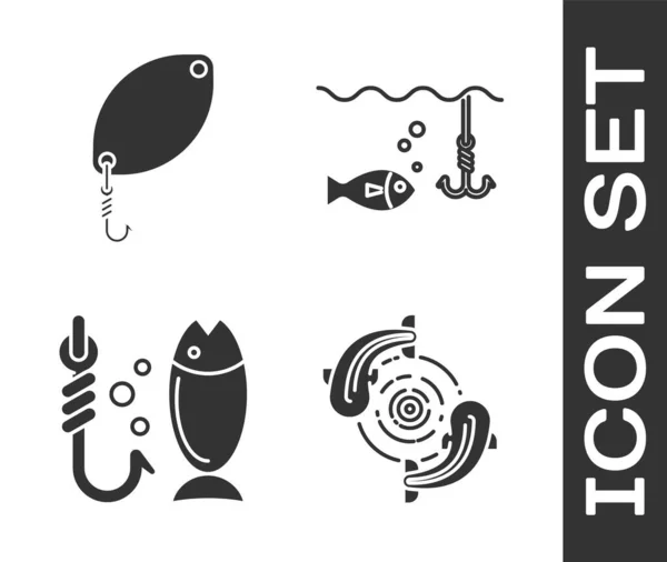 Set Fish, Fishing spoon, Fishing and Fishing hook under water with fish icon. Vector — Stock Vector