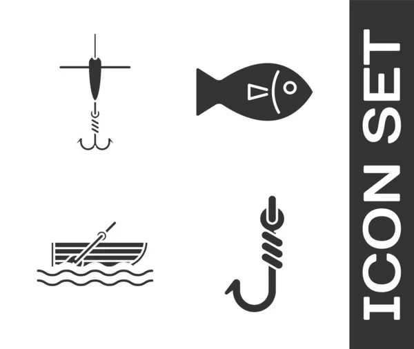 Set Angelhaken, Angelhaken und Schwimmer, Fischerboot mit Rudern auf dem Wasser und Fisch-Symbol. Vektor — Stockvektor