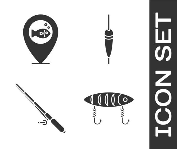 Set Fishing lure, Location fishing, Fishing rod and Fishing float icon. Vector — Stock Vector