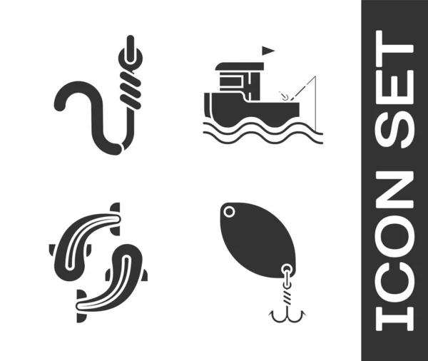Set cuchara de pescar, anzuelo y gusano, pescado y barco de pesca con caña de pescar en el icono del agua. Vector — Vector de stock