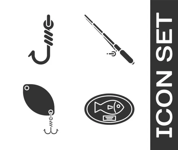 Set Fish trophy hanging on the board, Fishing hook, Fishing spoon and Fishing rod icon. Vector — Stock Vector