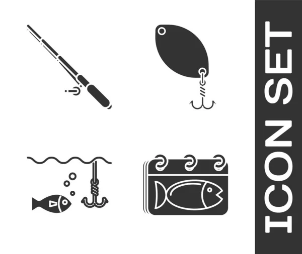 Kalenderset mit Fisch, Angel, Angelhaken unter Wasser mit Fisch und Fischlöffel-Symbol. Vektor — Stockvektor