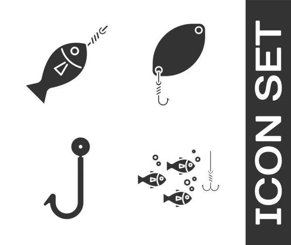 Angelhaken mit Fisch, Fisch am Haken, Angelhaken und Fischlöffel-Symbol unter Wasser setzen. Vektor — Stockvektor