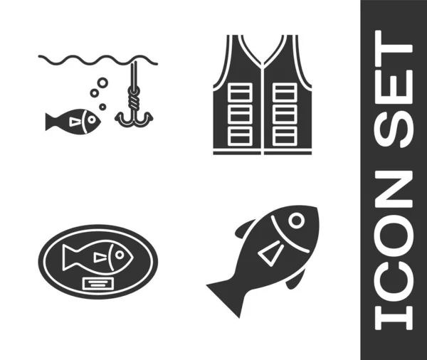 Set Fish, Crochet de pêche sous l'eau avec du poisson, trophée de poisson accroché sur le conseil et icône de veste de pêche. Vecteur — Image vectorielle