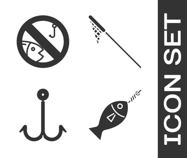 Definir peixes no gancho, Sem pesca, Gancho de pesca e ícone de rede de pesca. Vetor — Vetor de Stock