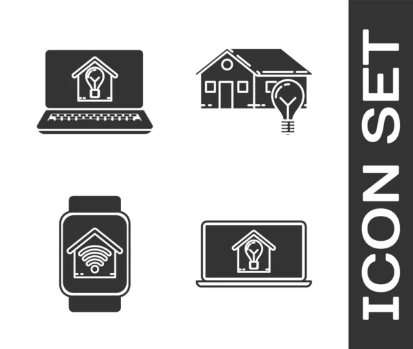 Set Laptop met smart house en gloeilamp, Smart watch met smart home met wi-fi en Smart house en gloeilamp icoon. Vector — Stockvector