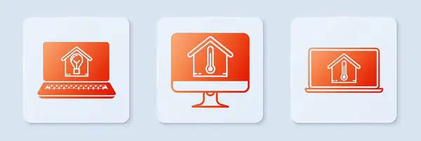Conjunto Monitor de ordenador con temperatura de la casa, Ordenador portátil con casa inteligente y bombilla y ordenador portátil con temperatura de la casa. Botón cuadrado blanco. Vector — Vector de stock