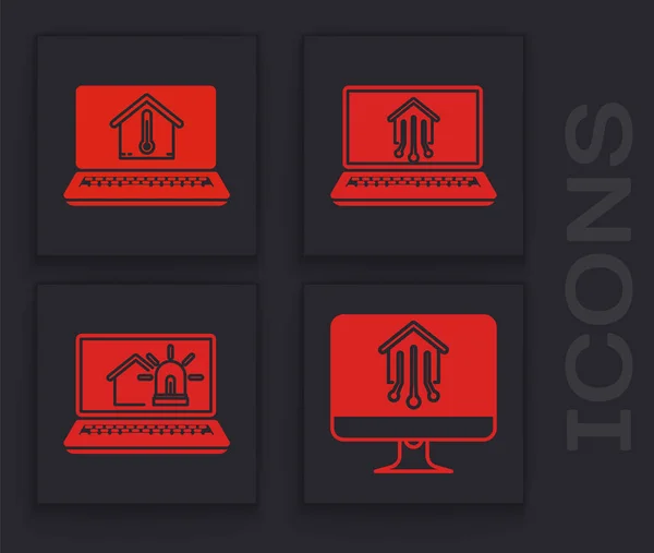 Set moniteur d'ordinateur avec maison intelligente, ordinateur portable avec température de la maison, ordinateur portable avec maison intelligente et ordinateur portable avec maison intelligente et icône d'alarme. Vecteur — Image vectorielle