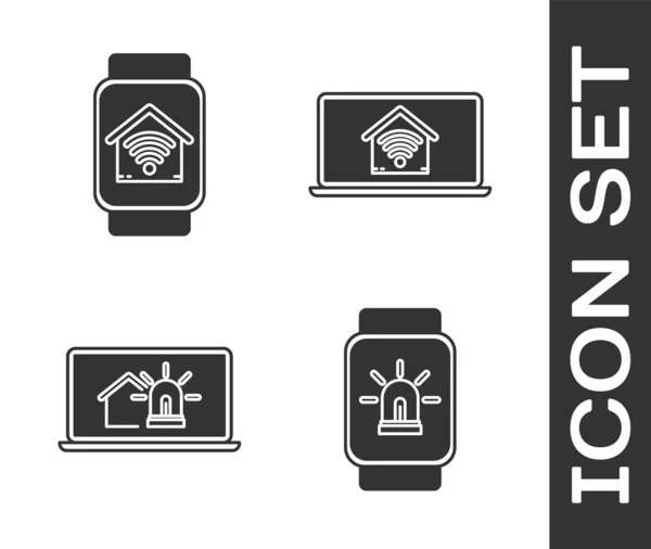 Set Smart horloge met smart home met wi-fi, Laptop met smart house en alarm en Laptop met smart home met wi-fi icoon. Vector — Stockvector
