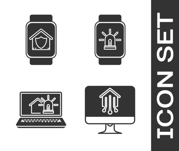 Set Computer monitor met smart home, Smart watch met huis onder bescherming, Laptop met smart house en alarm en alarm icoon. Vector — Stockvector